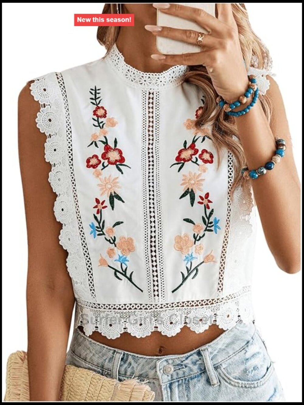 Floral Embroidered Lace Trim Mock Neck Sleeveless Crop Top Blouse Boho